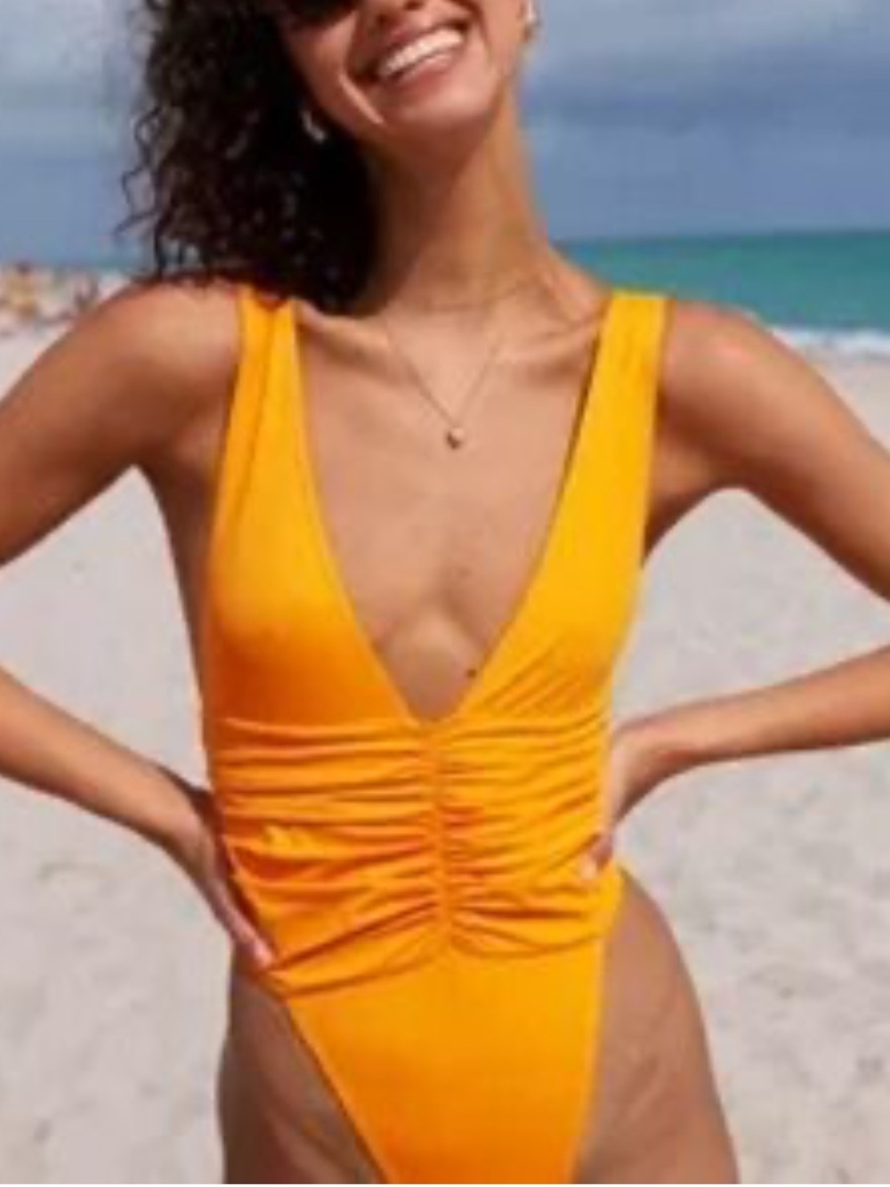 aerie Yellow-Orange Ruched V-Neck One-Piece Swimsuit